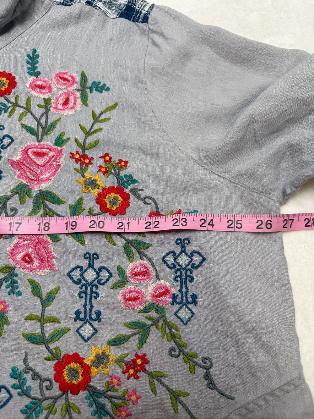 John Mark Linen Embroidered Floral Patchwork Tunic Shirt Boho Cottagecore XL - Picture 13 of 15